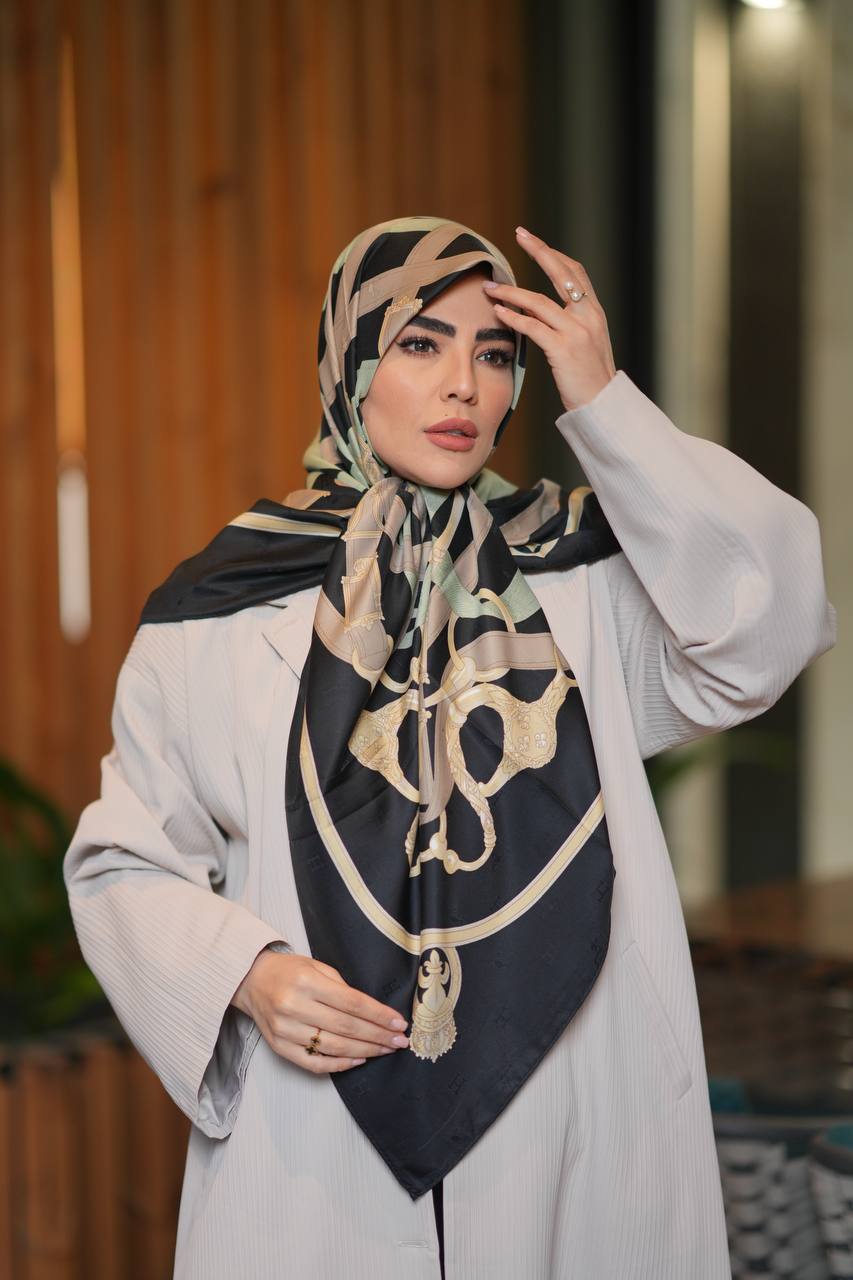 روسری طرح کمربندی هرمس مشکی کرم سبز