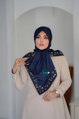 روسری ابریشم ژاکارد نگارا سرمه ای