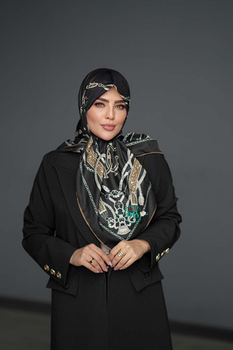 روسری ابریشم ژاکارد دیبا مشکی کرم